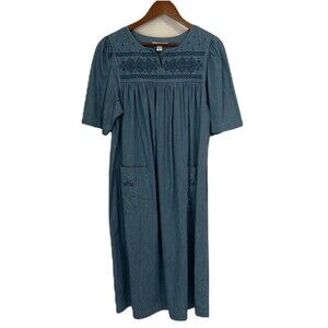 Go Softly Patio Dress Woman S Blue Chambray Cotton Embroidery Comfy Cottage VTG